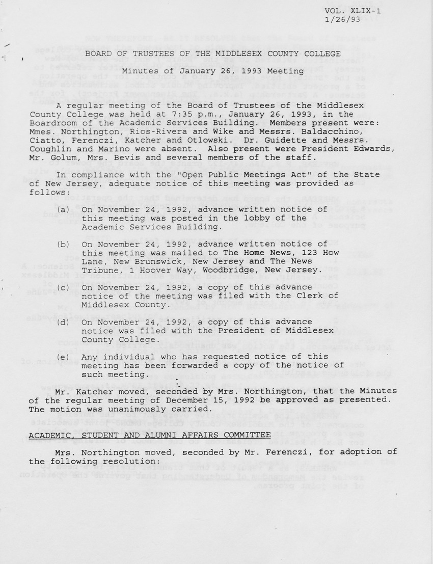 Board of Trustees Meeting Minutes January 1993 - Page 1