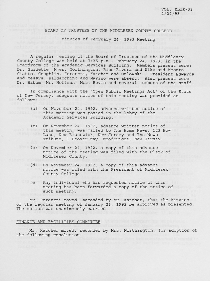 Board of Trustees Meeting Minutes February 1993 - Page 1