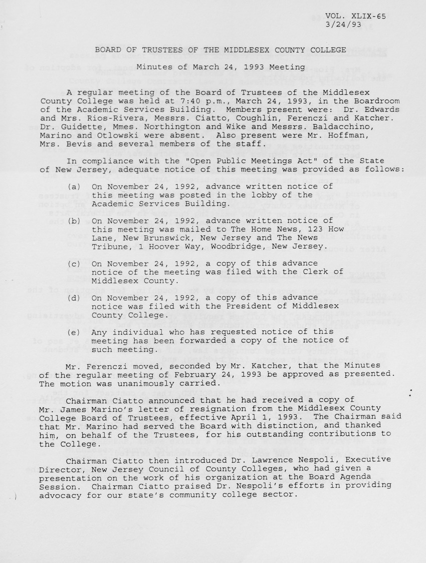 Board of Trustees Meeting Minutes March 1993 - Page 1