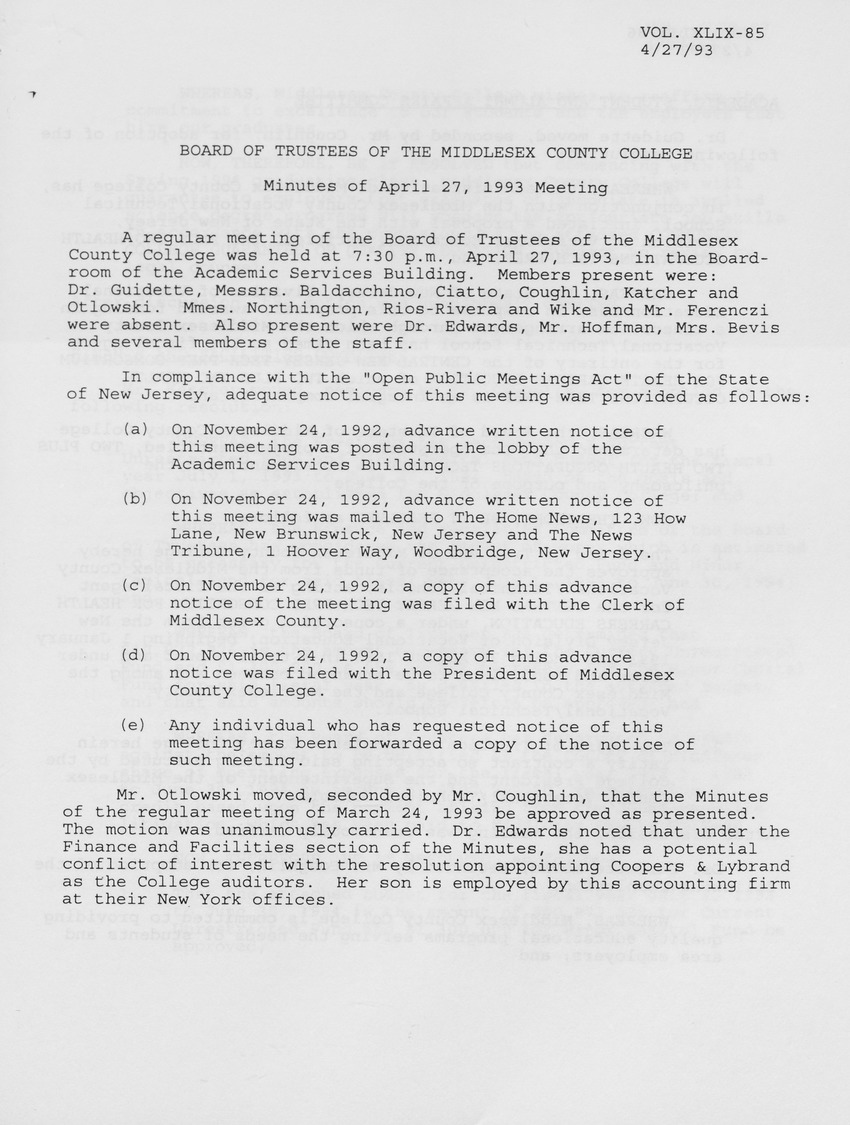 Board of Trustees Meeting Minutes April 1993 - Page 1