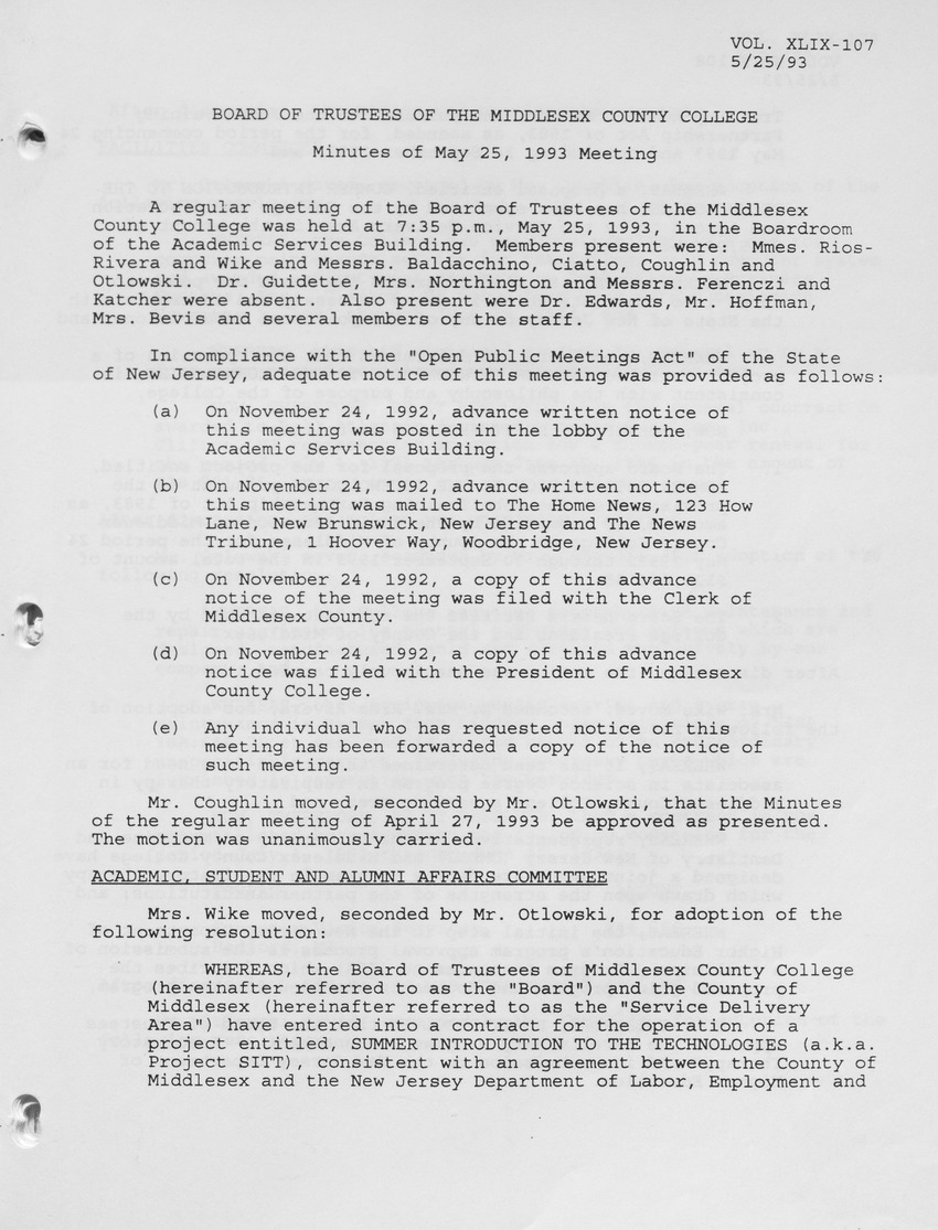 Board of Trustees Meeting Minutes May 1993 - Page 1