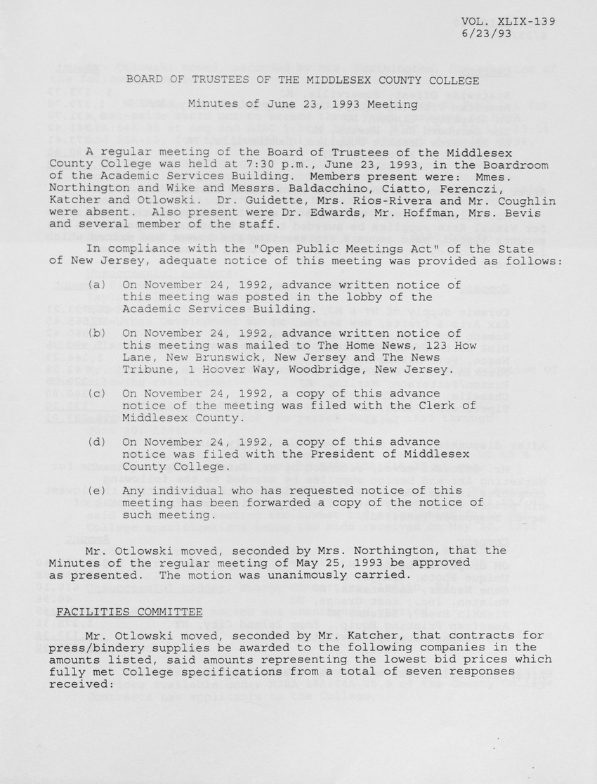Board of Trustees Meeting Minutes June 1993 - Page 1