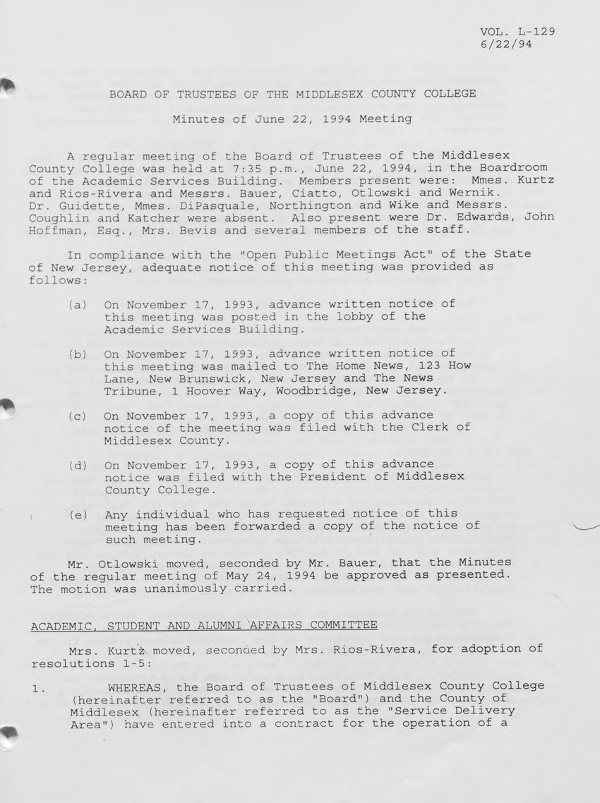 Board of Trustees Meeting Minutes - June 1994 - New Page