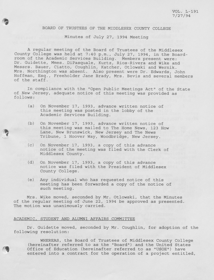 Board of Trustees Meeting Minutes July 1994 - New Page