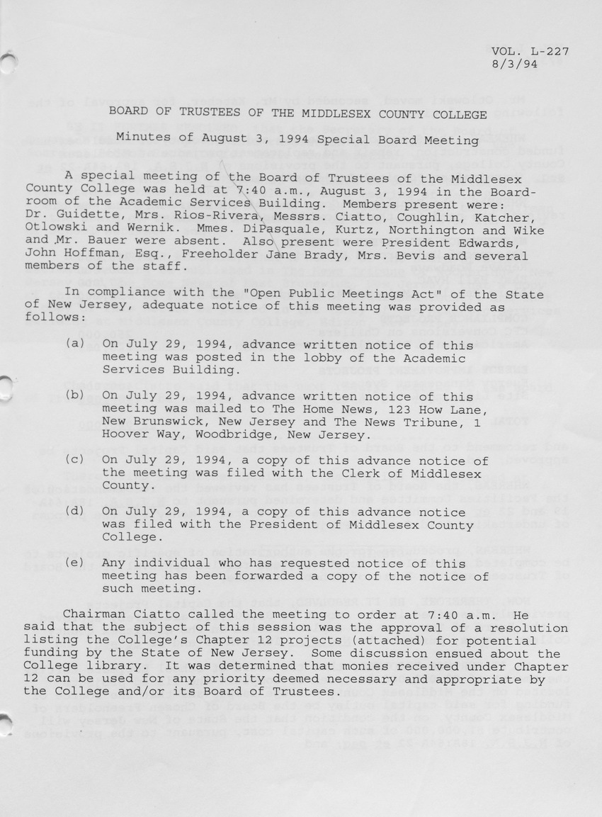 Board of Trustees Meeting Minutes August 1994 - Page 1