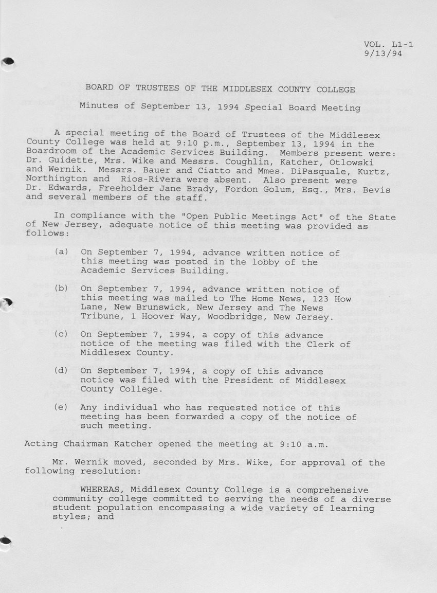 Board of Trustees Meeting Minutes September 1994 - Page 1