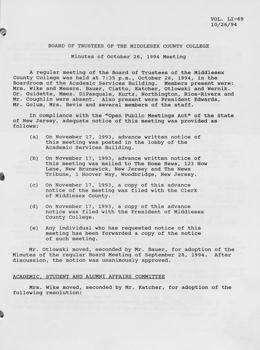 Board of Trustees Meeting Minutes October 1994 - Page 1
