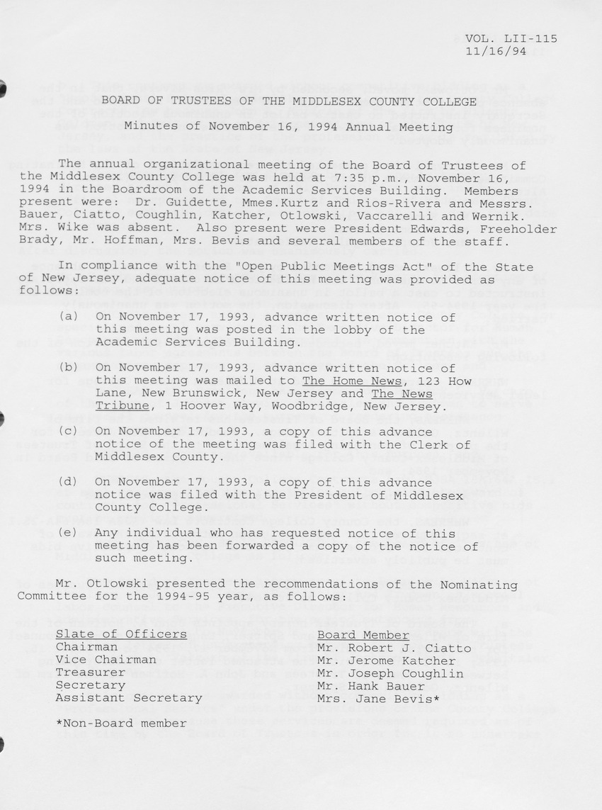 Board of Trustees Meeting Minutes November 1994 - Page 1