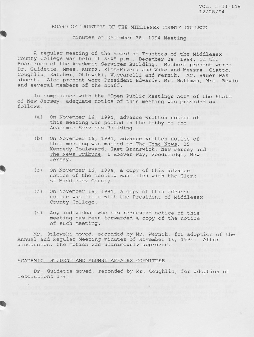 Board of Trustees Meeting Minutes December 1994 - Page 1