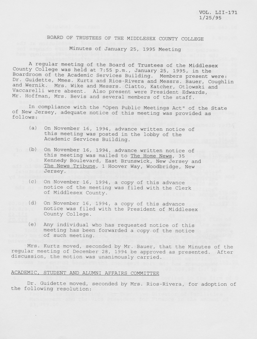 Board of Trustees Meeting Minutes January 1995 - Page 1