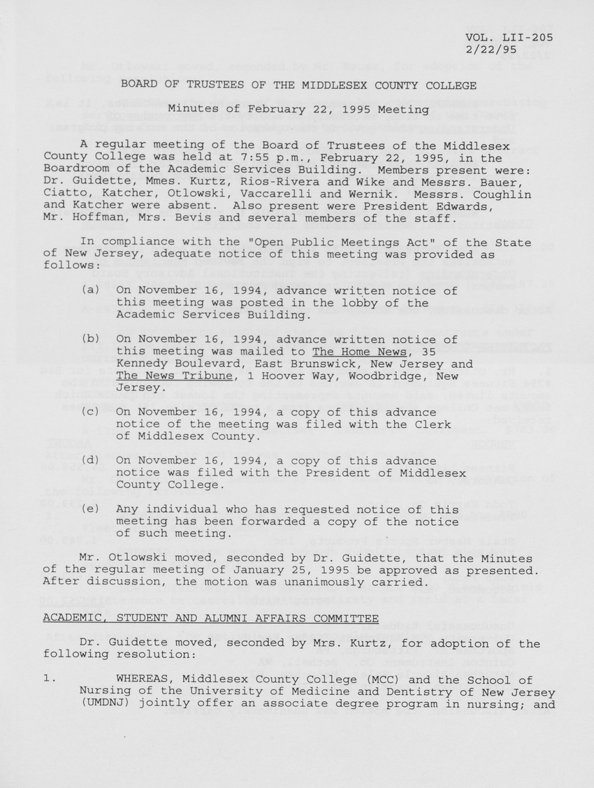 Board of Trustees Meeting Minutes February 1995 - Page 1