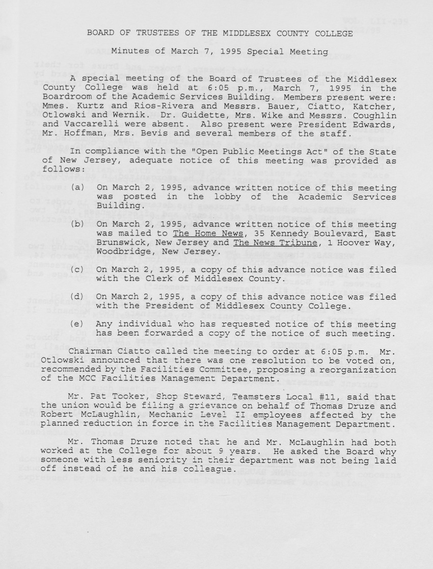 Board of Trustees Meeting Minutes March 1995 - Page 1
