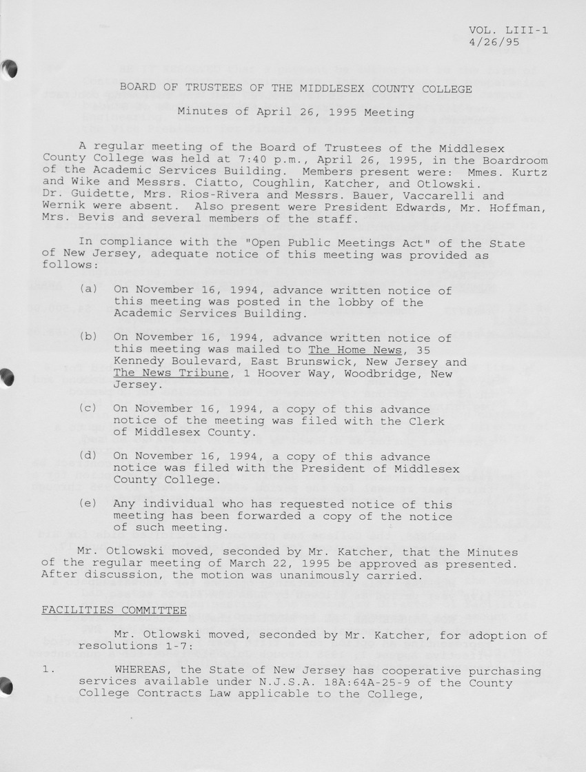 Board of Trustees Meeting Minutes April 1995 - Page 1