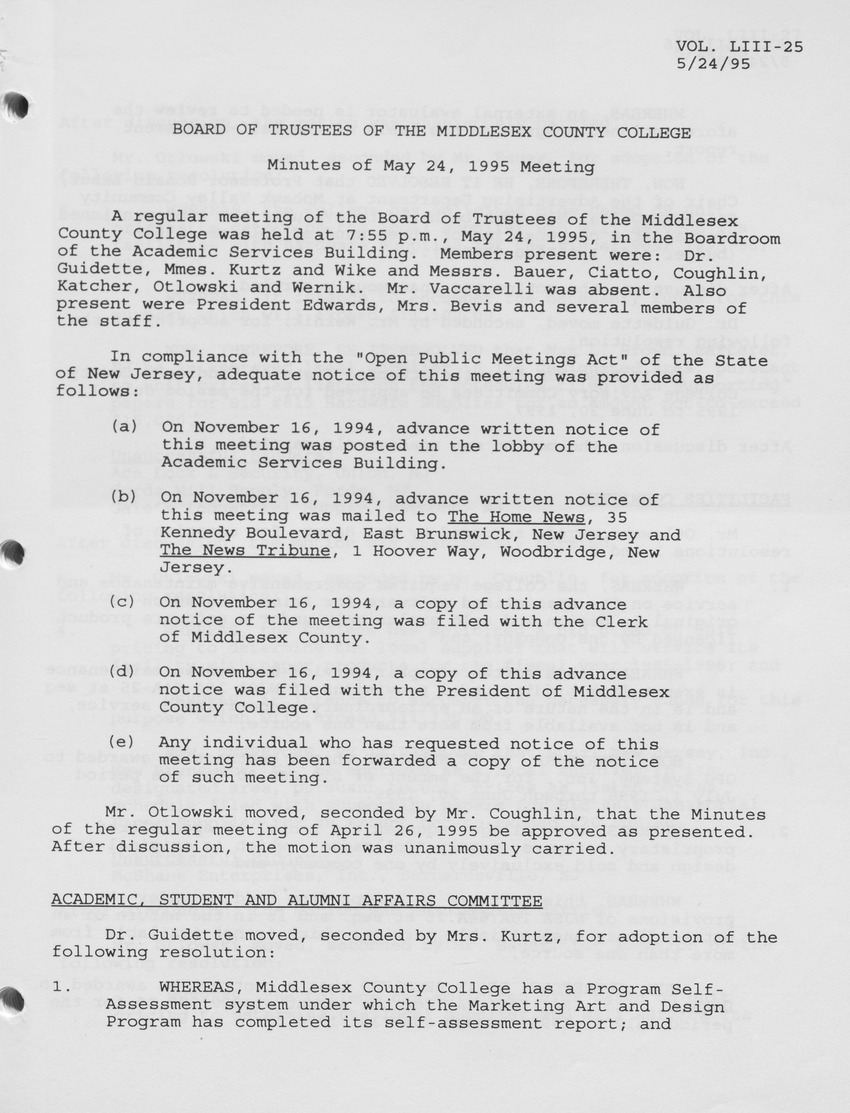 Board of Trustees Meeting Minutes May 1995 - Page 1