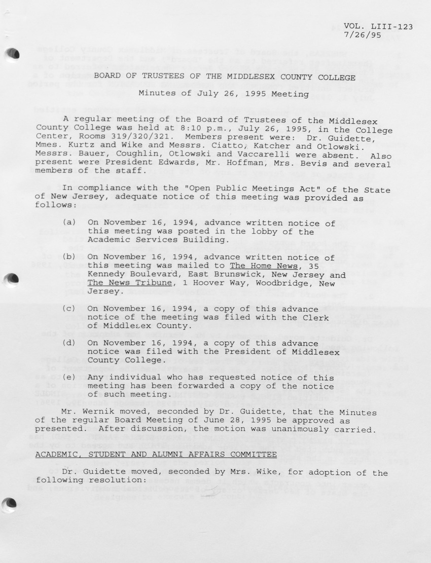 Board of Trustees Meeting Minutes July 1995 - Page 1