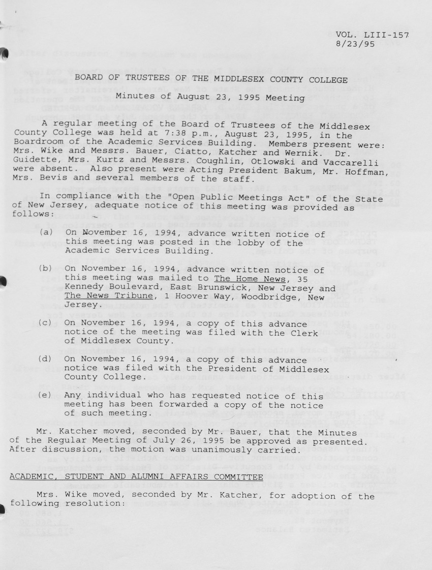 Board of Trustees Meeting Minutes August 1995 - Page 1