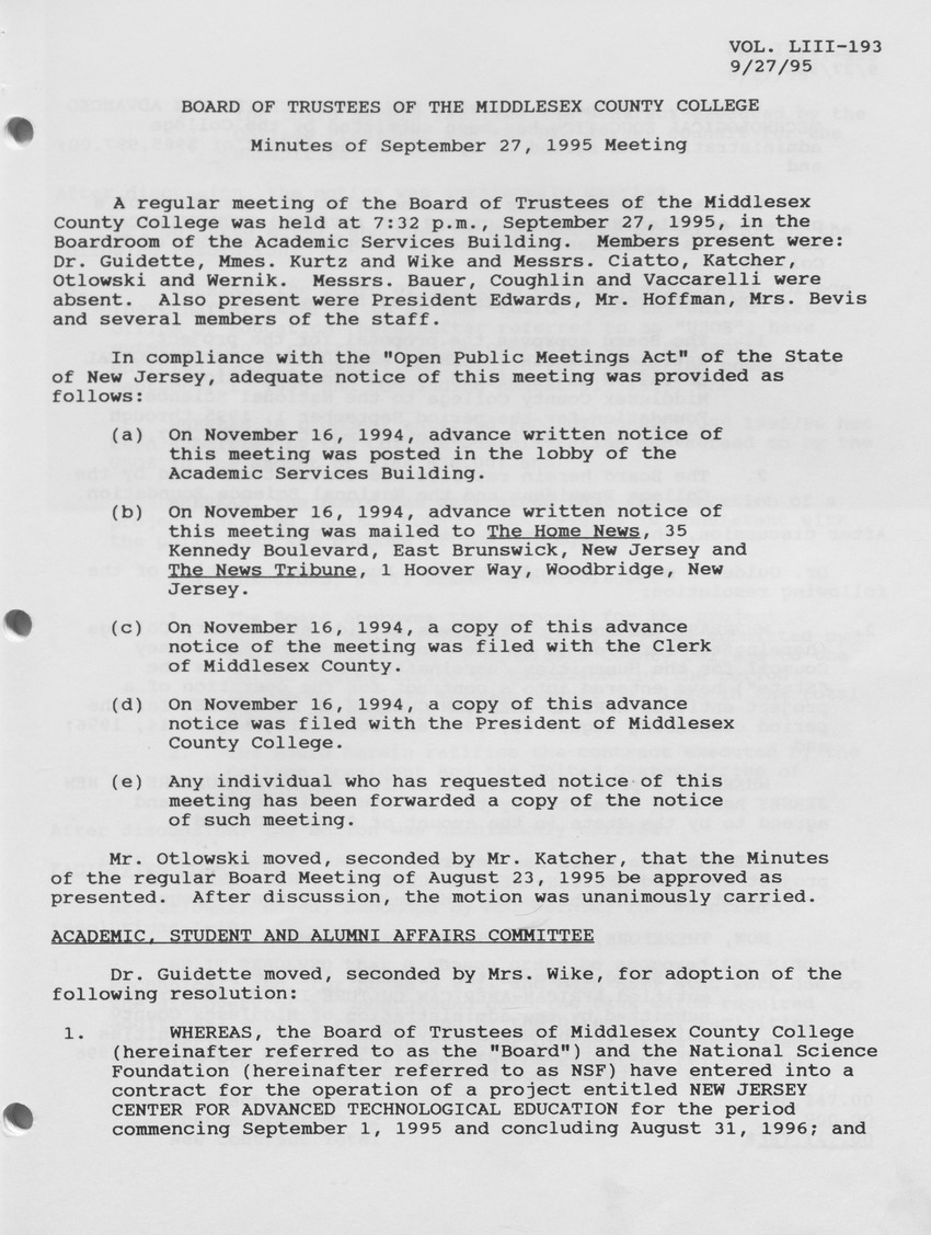 Board of Trustees Meeting Minutes - September 1995 - Page 1