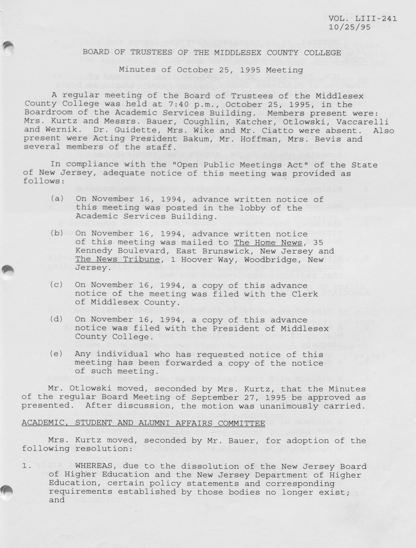 Board of Trustees Meeting Minutes October 1995 - Page 1