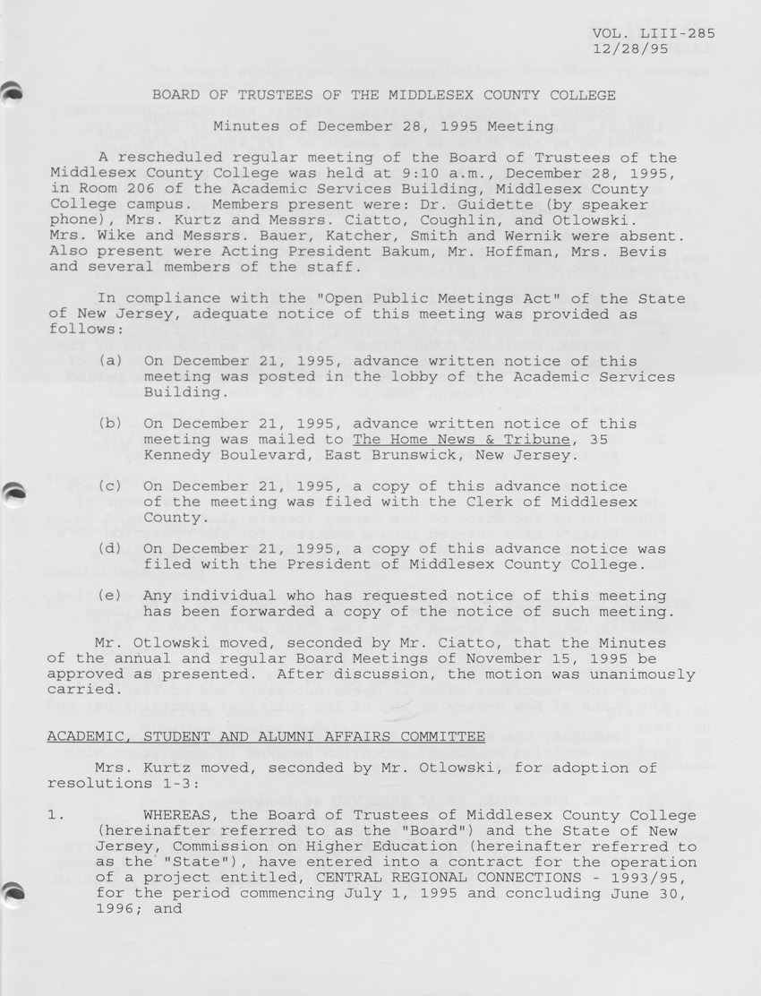 Board of Trustees Meeting Minutes December 1995 - Page 1