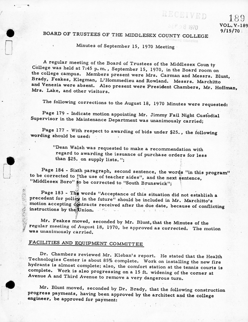 Board of Trustees Meeting Minutes September 1970 - New Page