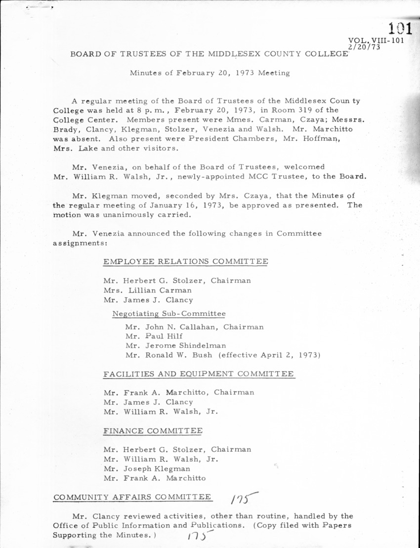 Board of Trustees Meeting Minutes February 1973 - New Page