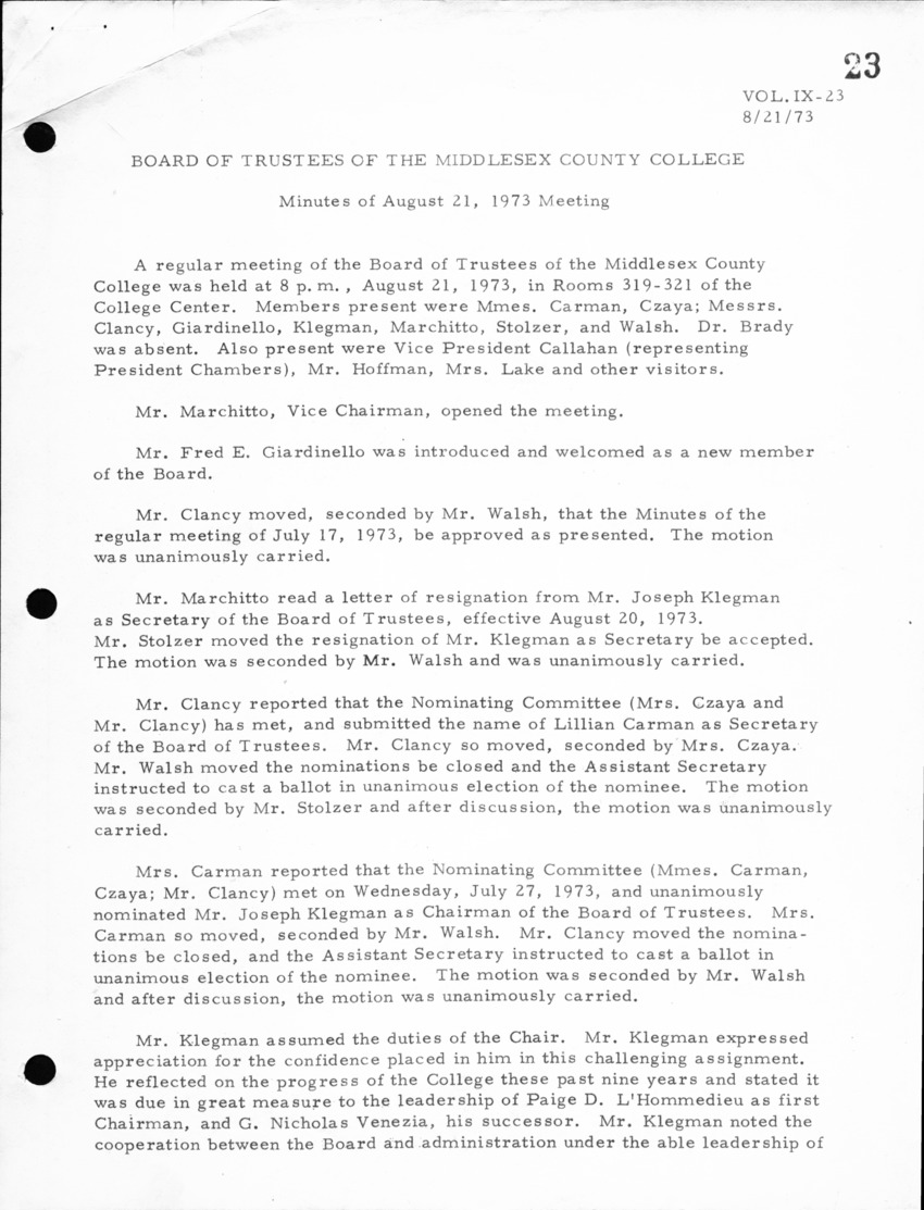 Board of Trustees Meeting Minutes August 1973 - New Page