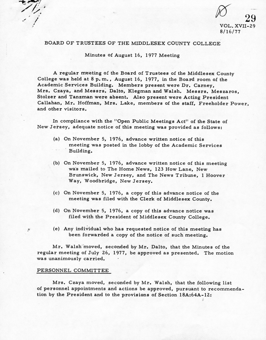 Board of Trustees Meeting Minutes August 1977 - New Page